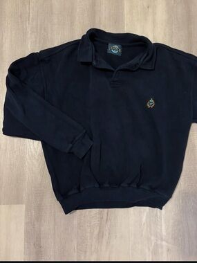 Vintage Jantzen Navy Long-Sleeve Polo Sweatshirt with Embroidered Crest